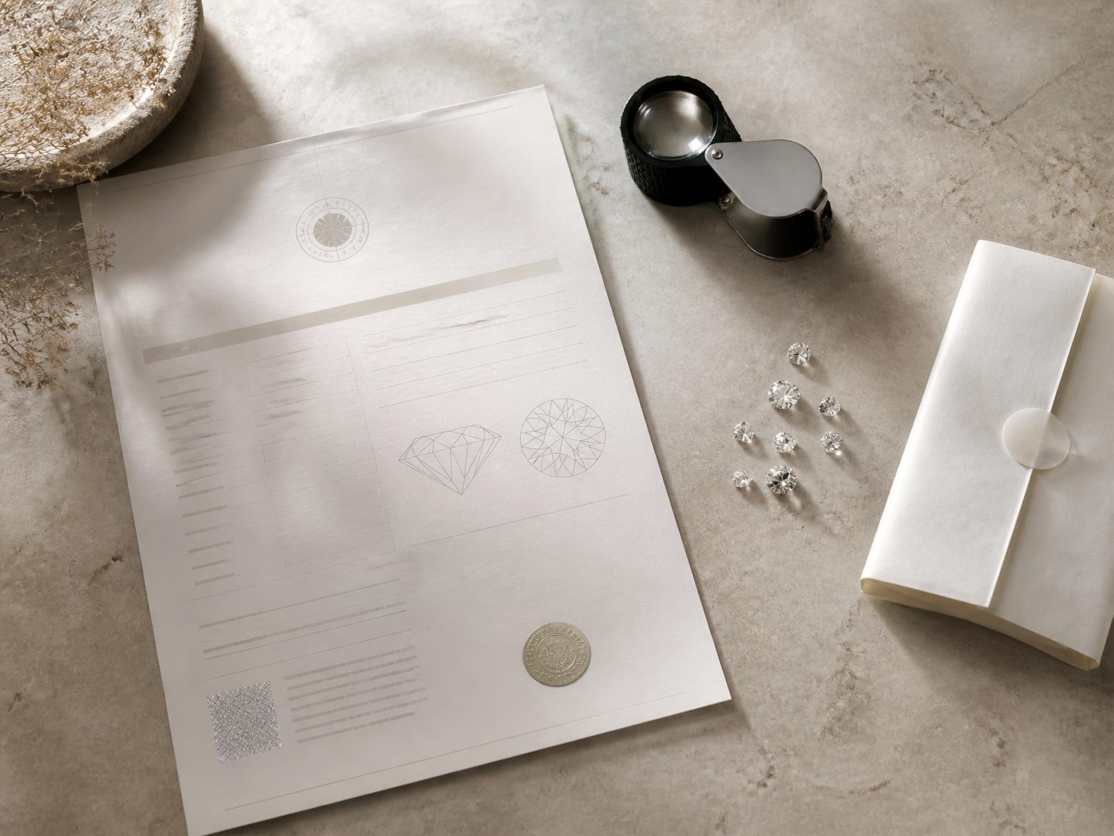 Certifikat, lup og løse diamanter klar til en workshop